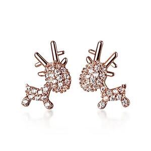 Rose Gold Plated Rhinestone Reindeer Earrings